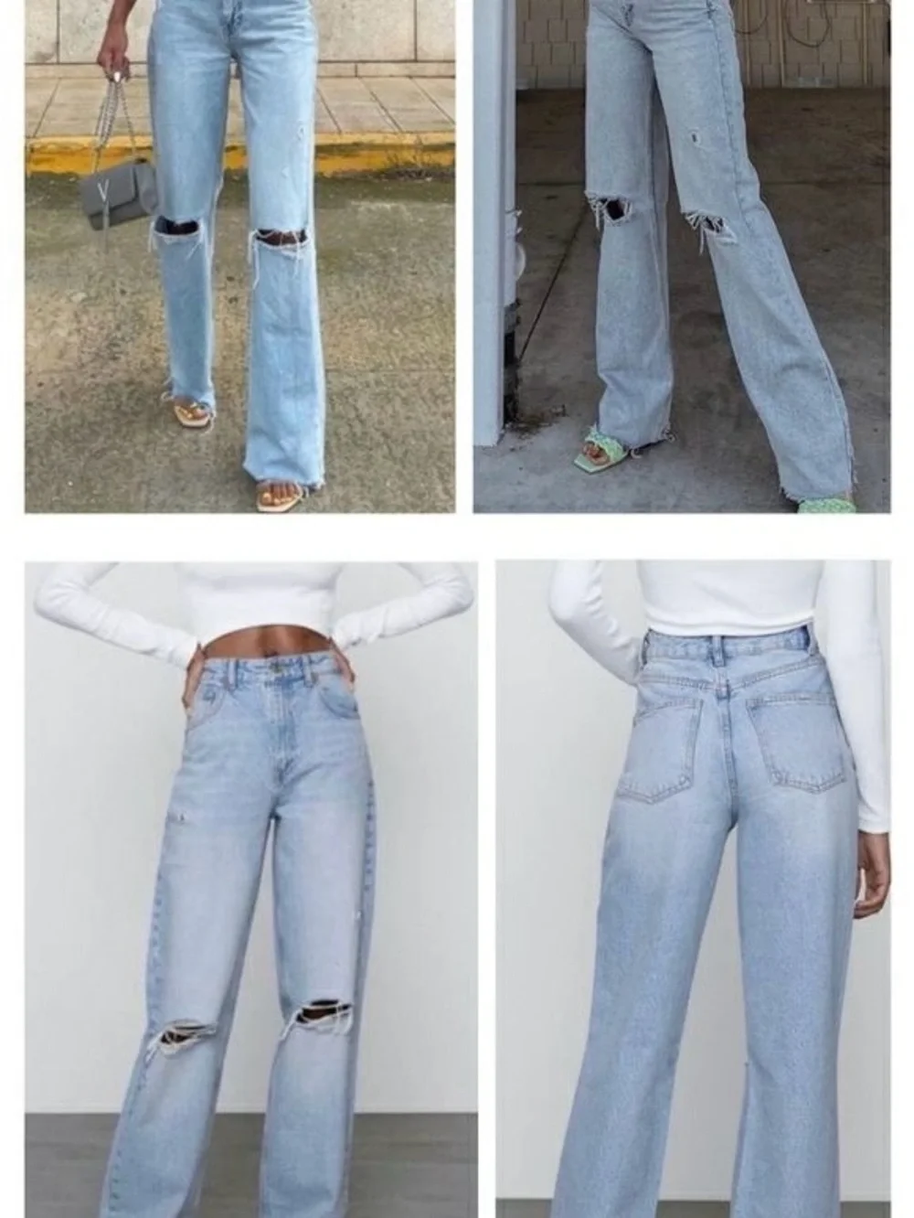 Zara Light Blue High-Rise Wide Leg Jeans with Knee Distressing